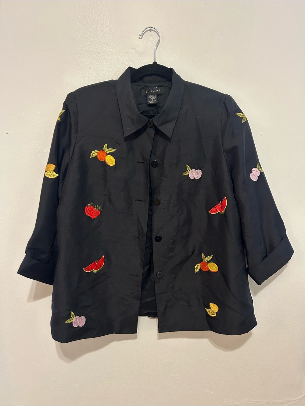 SilkLand Black Fruit-Embroidered Boxy Jacket